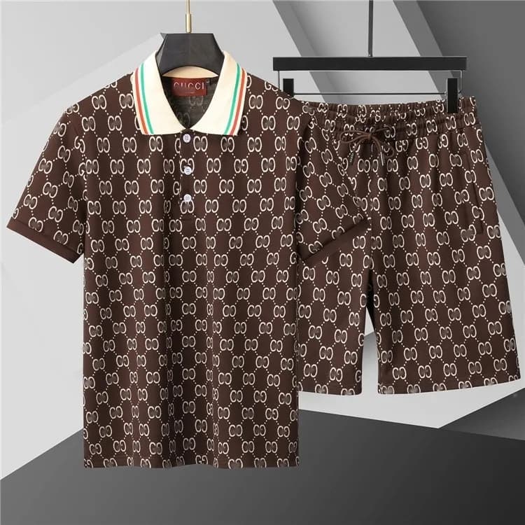 Logo Print Polo and Shorts Set All-Over Versace Logo — 424 brown suit