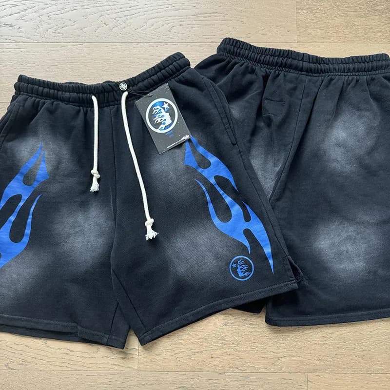 Sp5der Logo Shorts Flame Print — 7807黑蓝