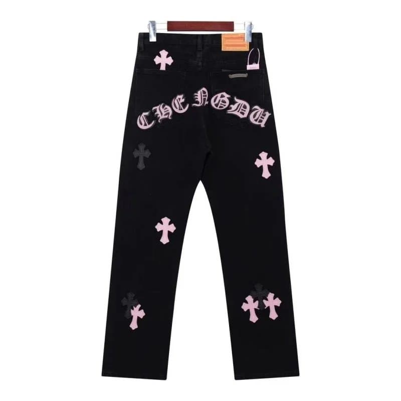 Chrome Hearts Cross Patch Jeans Pink Cross Embroidery