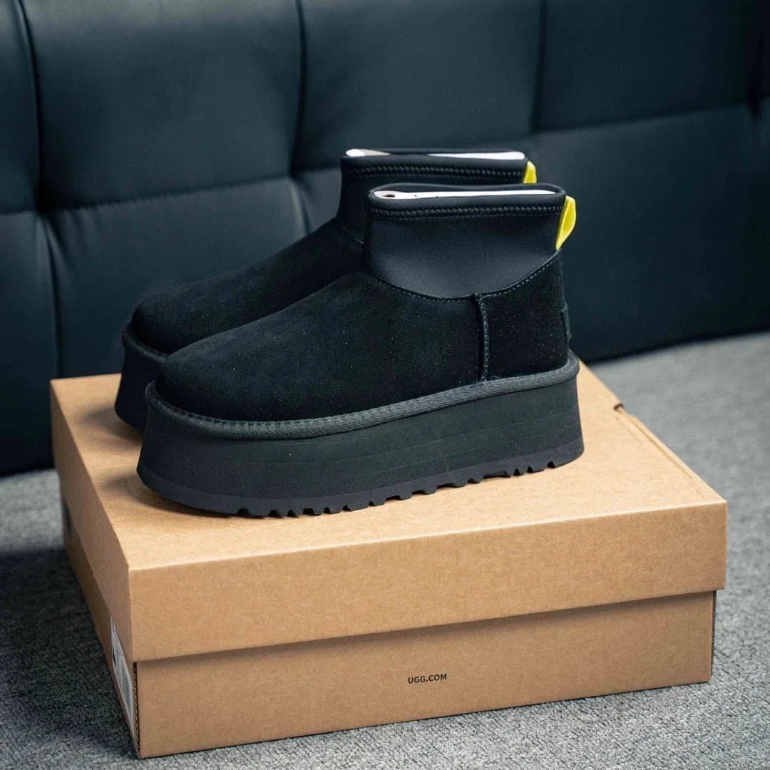 UGG Mini Platform Boot Black with Yellow Pull Tab