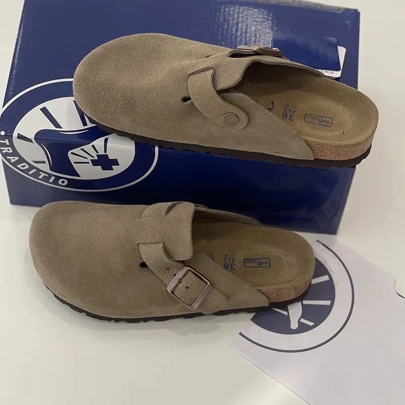 Birkenstock Boston Clog Suede — 铅灰色/羚羊棕