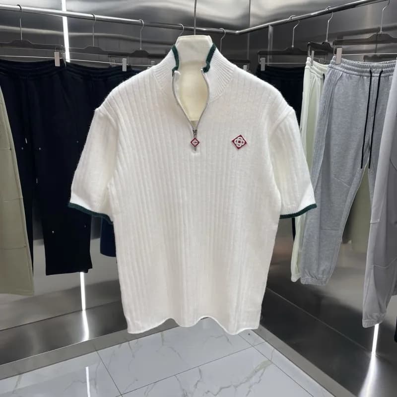Balenciaga Short-Sleeve Half-Zip Knit Top White with Green Trim