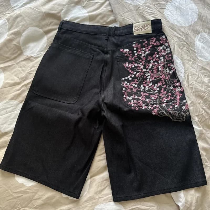 Denim Shorts Cherry Blossom Embroidery
