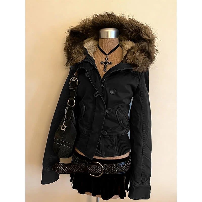 Chrome Hearts Fur-Trimmed Hooded Jacket Black with Brown Fur Collar