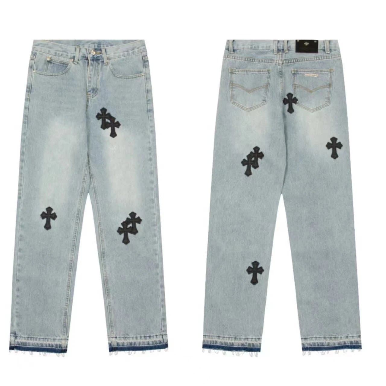 Chrome Hearts Cross Patch Jeans Light Wash with Black Cross Patches