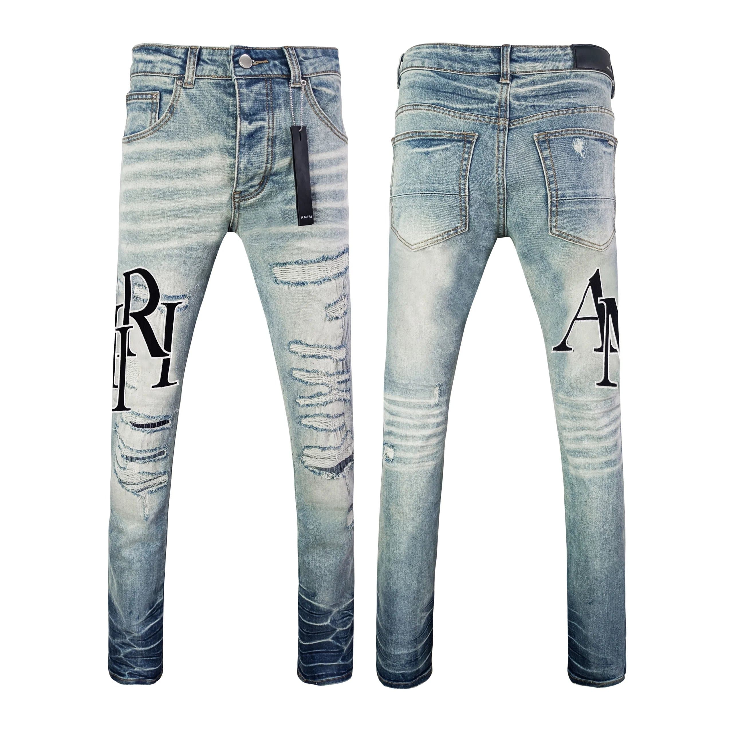 Amiri Distressed Slim Fit Jeans Logo Patch & Repair Stitching — WM151