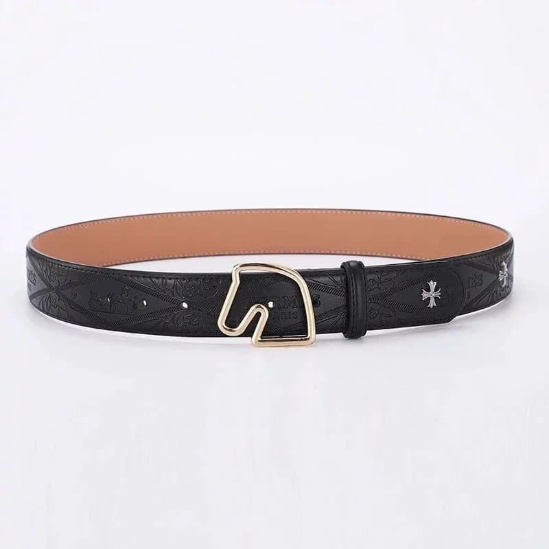 Chrome Hearts Leather Belt Embossed Cross & Horsebit Buckle