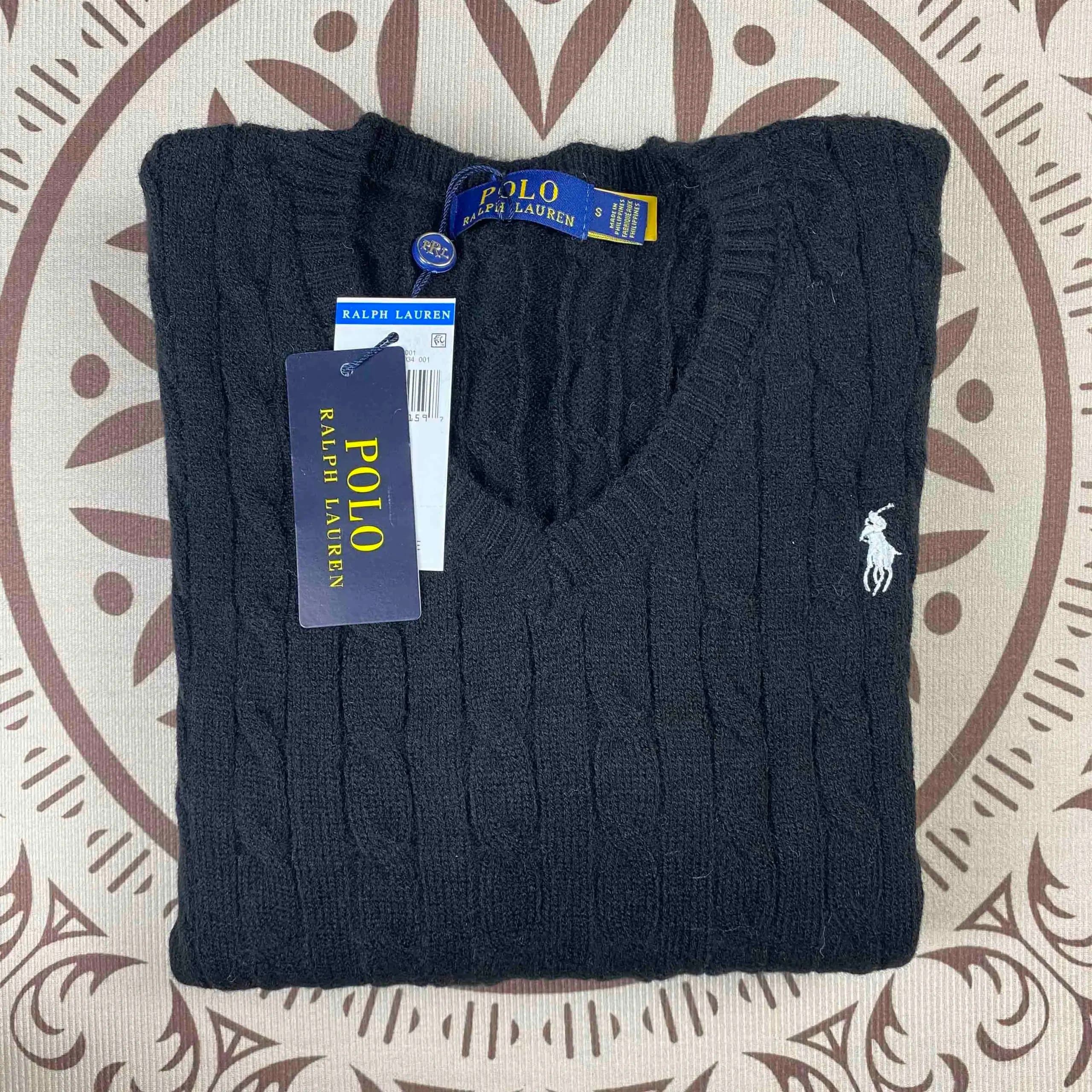 Polo Ralph Lauren Cable Knit Short-Sleeve Sweater Classic Cable — V领黑色
