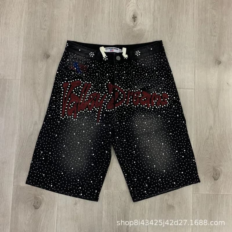 Denim Shorts Washed with Crystal Embellishment — 807满钻