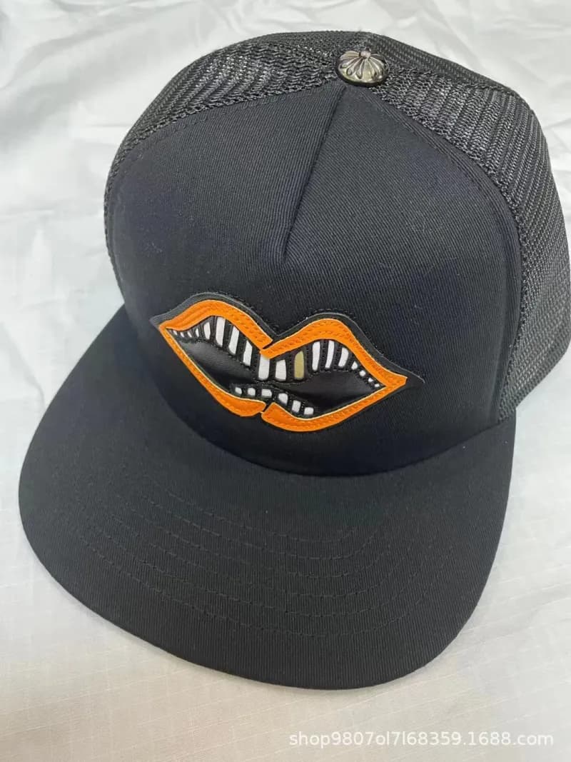 Chrome Hearts Snapback Cap Cross & CH Logo Embroidery — 5 black background orange mouth
