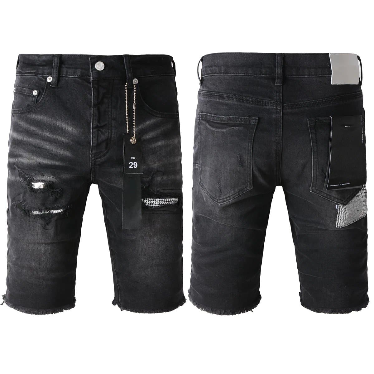Amiri Distressed Denim Shorts Houndstooth Patch