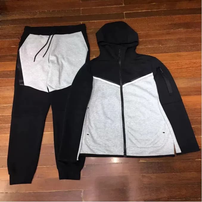 Nike Tech Fleece Hoodie and Joggers Set Color-Blocked — Black spell light gray (full sleeve)