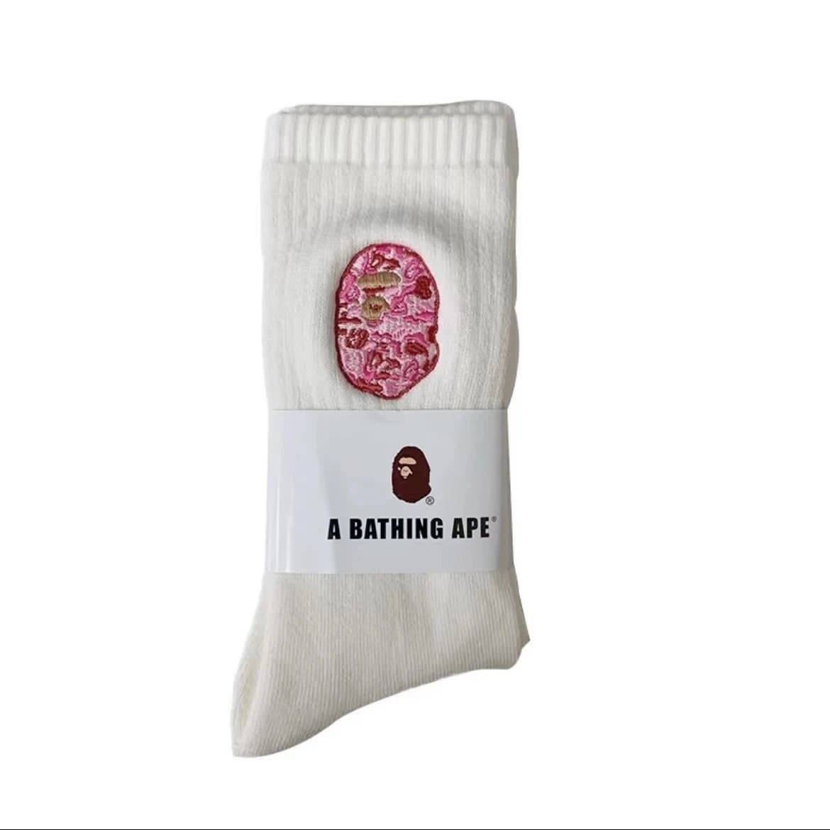 BAPE Crew Socks Ape Head Logo — 白色长筒粉色刺绣