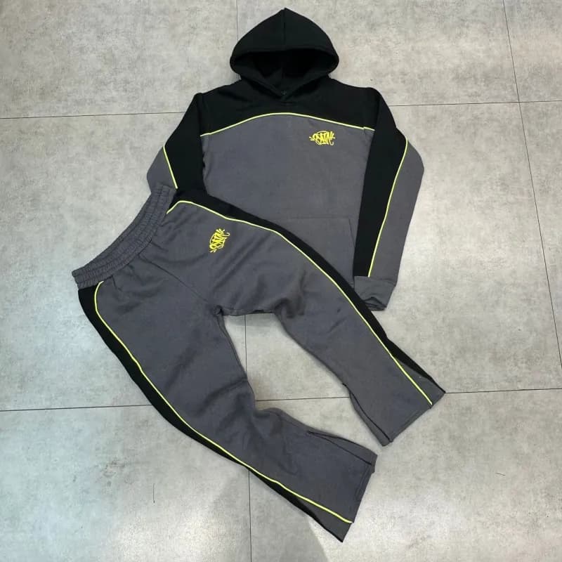 Sp5der Hoodie and Joggers Set Grey/Black with Yellow Trim