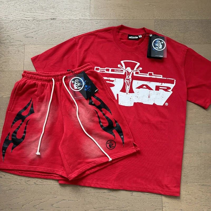 Hellstar Graphic Tee & Shorts Set Flame Print — 526-777套装