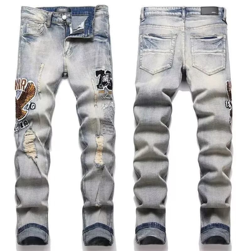 Amiri Distressed Denim Jeans Embroidered Eagle & Patchwork