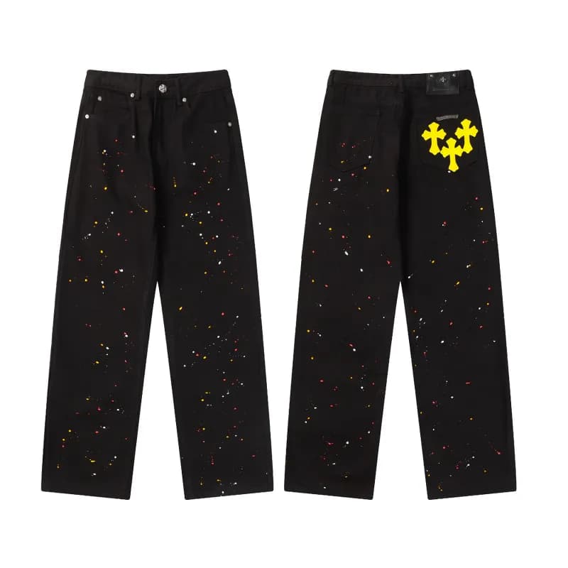 Chrome Hearts Paint Splatter Jeans Yellow Cross Patch