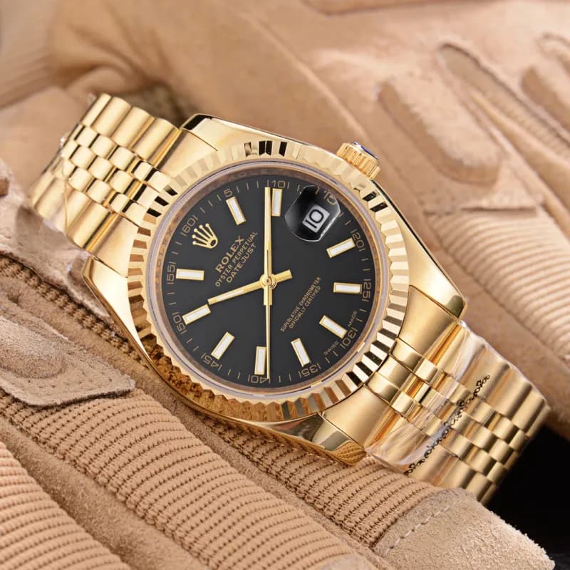 Rolex Oyster Perpetual Datejust Rose Gold Bezel — 金壳黑盘·五珠钢带