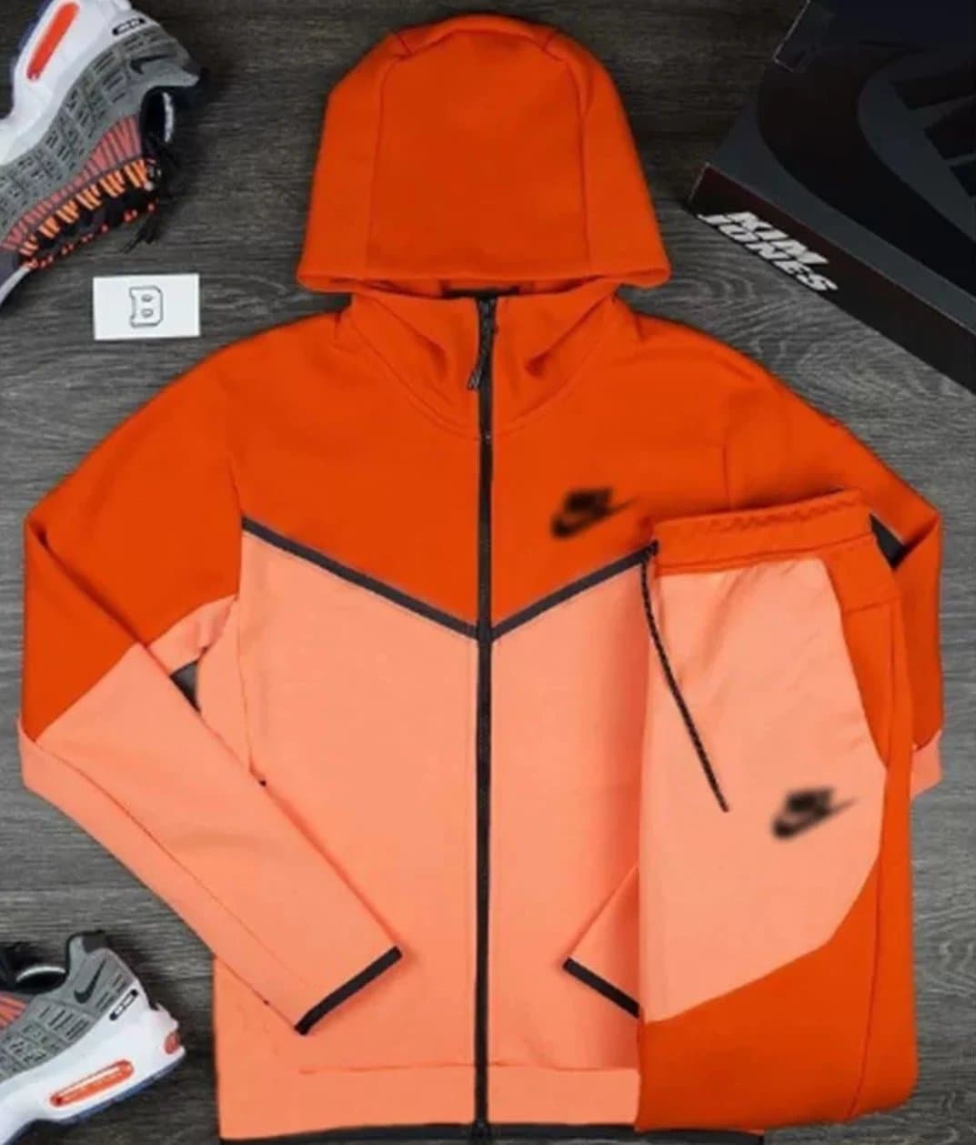 Nike Tech Fleece Hoodie and Joggers Set Orange Colorblock