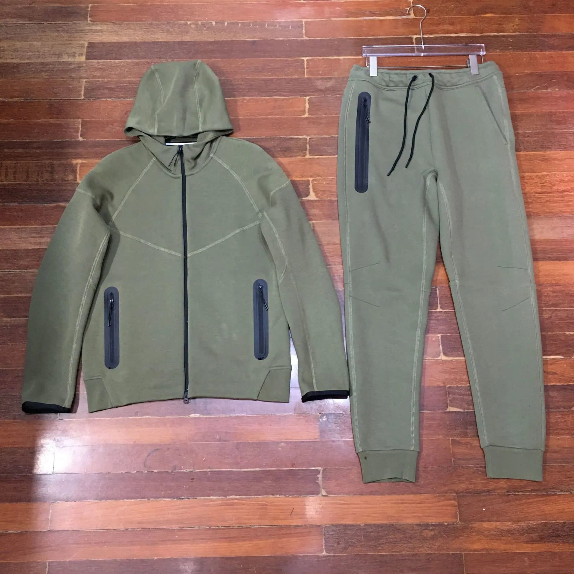 Nike Tech Fleece Hoodie and Joggers Olive Green with Black Accents