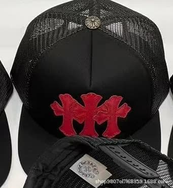Chrome Hearts Snapback Cap Cross & CH Logo Embroidery — 33 black red leather