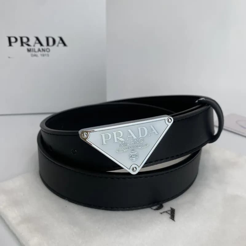 Prada Triangle Logo Belt Classic Triangular Buckle — P-shaped silver buckle with black belt on white background