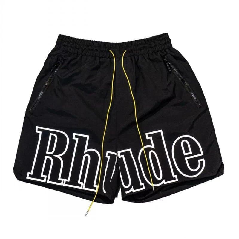 Rhude Logo Shorts Black with Yellow Drawstring — 1087002SJL