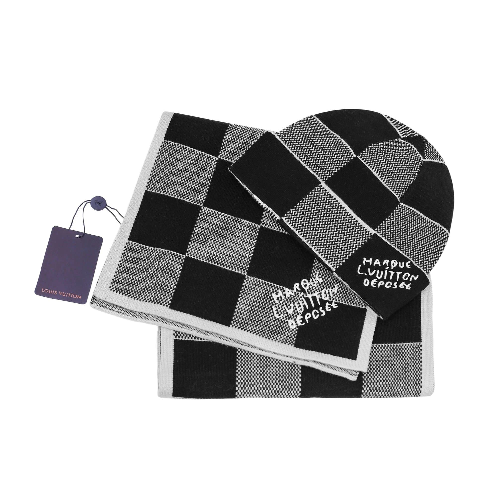 Louis Vuitton Checkered Scarf and Beanie Set Monogram Grid