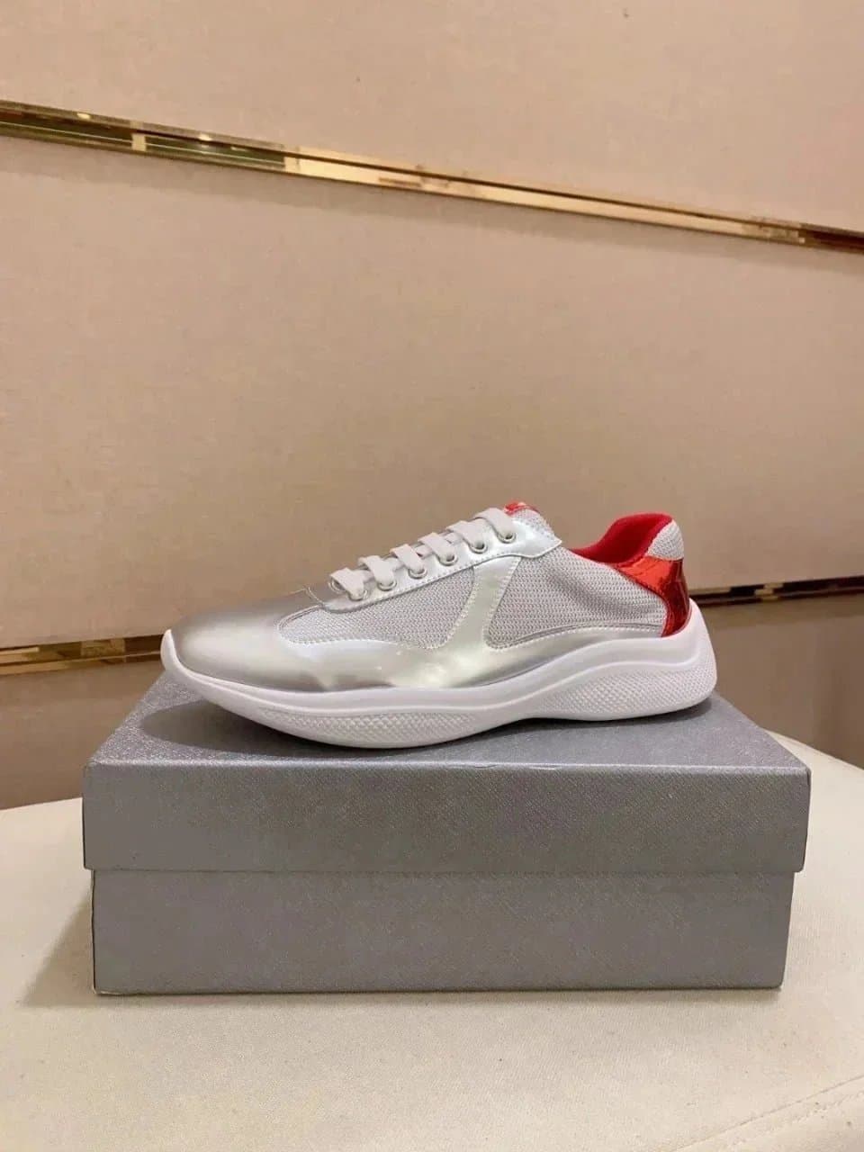 Prada Clever Sneaker Metallic Silver Red