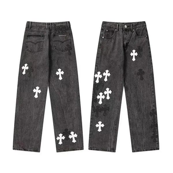 Chrome Hearts Cross Patch Jeans Black Denim with White Cross Patches
