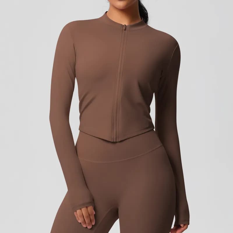 SKIMS Long Sleeve Crop Top Seamless — 7106 zipper jacket-chestnut color