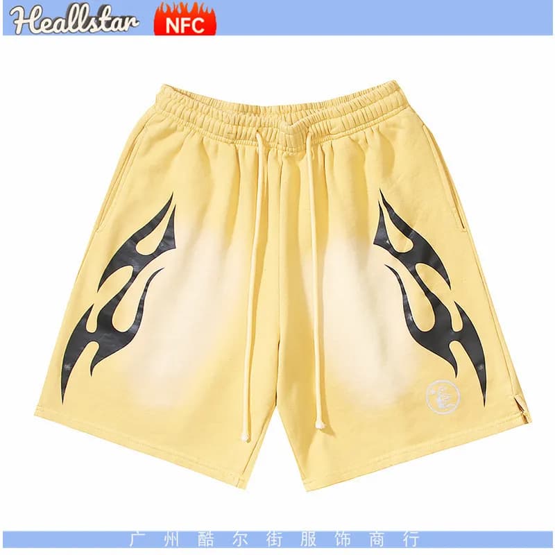 Hellstar Flame Print Shorts Black with Red Flames — 777洗水黄