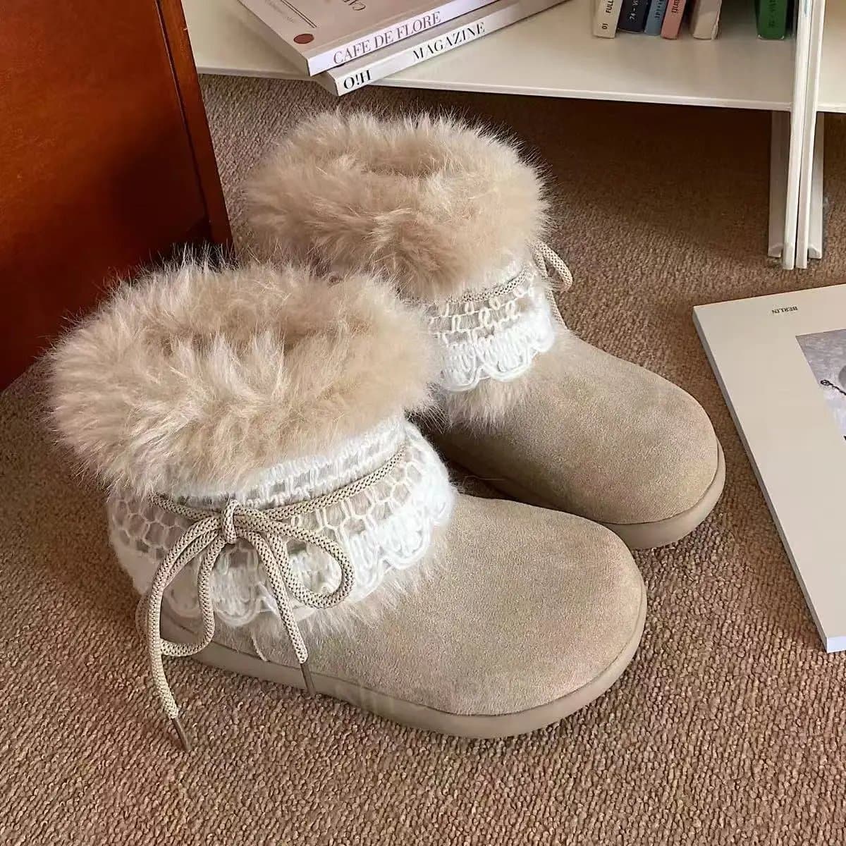 UGG Faux Fur Trim Boot Lace-Up Suede with Crochet Detail