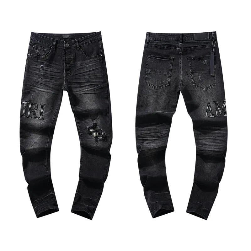 Amiri Distressed Denim Jeans Crystal Logo