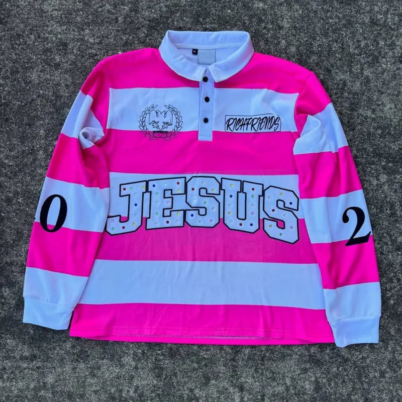 Balenciaga Long-Sleeve Rugby Shirt Jesus Rhinestone