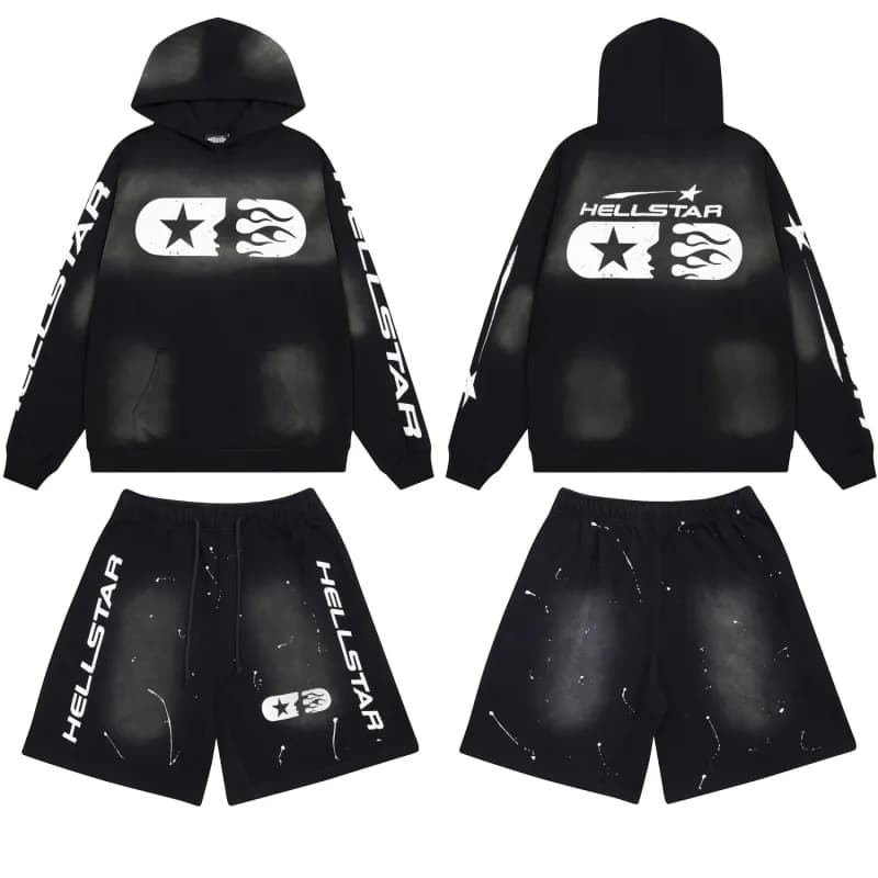 Hellstar Hoodie and Shorts Set Distressed Logo Print
