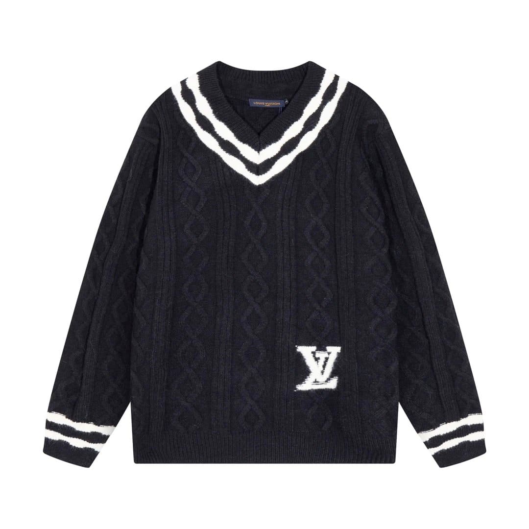 Louis Vuitton Cable Knit V-Neck Sweater LV Monogram Intarsia
