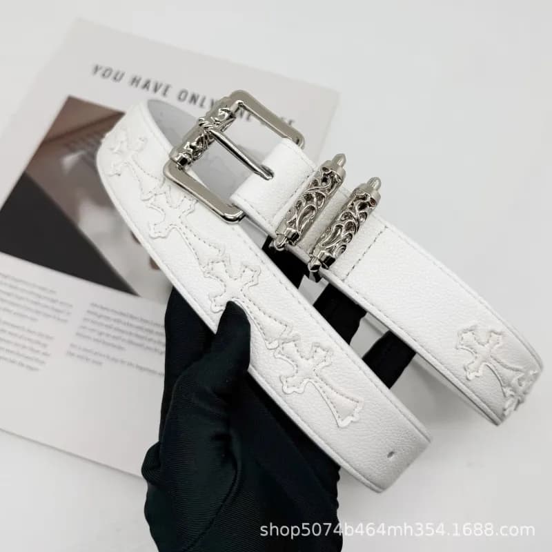 Chrome Hearts Cross Belt White Leather with Silver Cross Embroidery