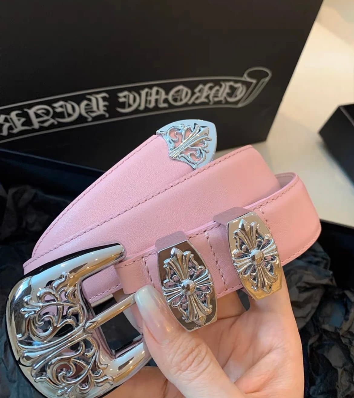 Chrome Hearts Triple Cross Belt Pink Leather with Silver Cross Buckles