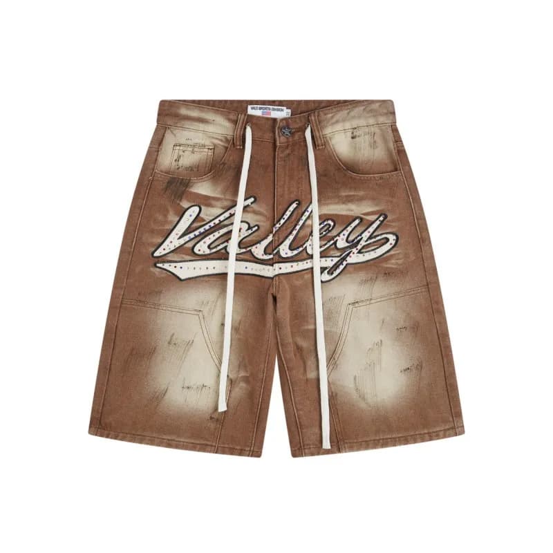 Vale Forever Valley Shorts Distressed Logo Print — V806-棕色