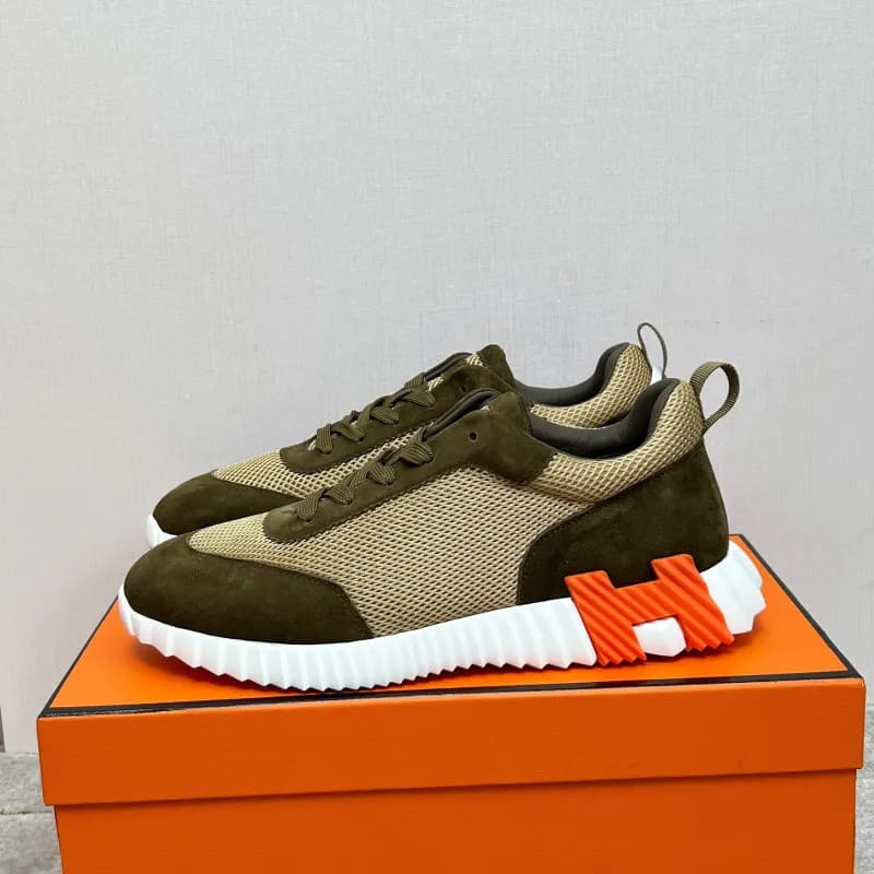 Hermès H-Racer Sneaker Olive Green Mesh Suede