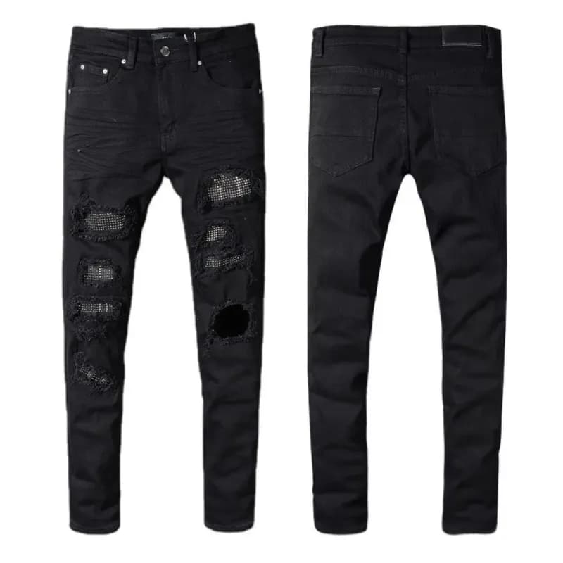 Distressed Slim Fit Jeans Ripped with Mesh Patch