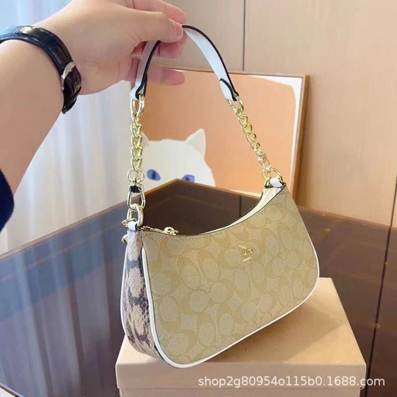 Coach Shoulder Bag Signature Canvas with Snake Print Accent