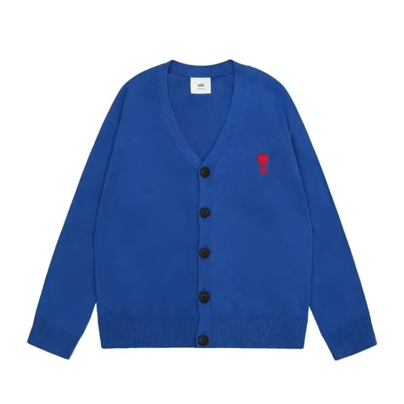 AMI Paris V-Neck Cardigan Red Heart Logo