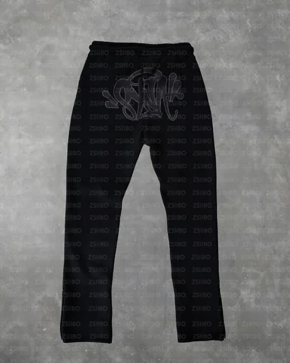 Sp5der Hoodie and Joggers Set Graffiti Logo — T03黑色长裤【灰印花】