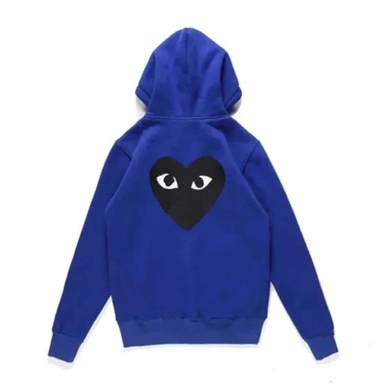 Comme des Garçons Hooded Sweatshirt Heart Logo — 毛圈蓝色开衫背后大黑心