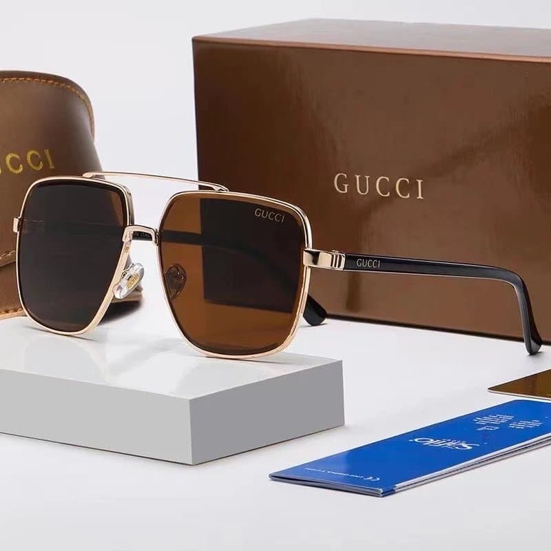 Gucci Square Aviator Sunglasses Gold Frame Brown Lens