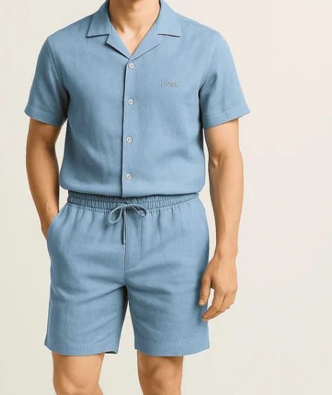 Hugo Boss Short-Sleeve Shirt and Shorts Set Light Blue Linen-Blend
