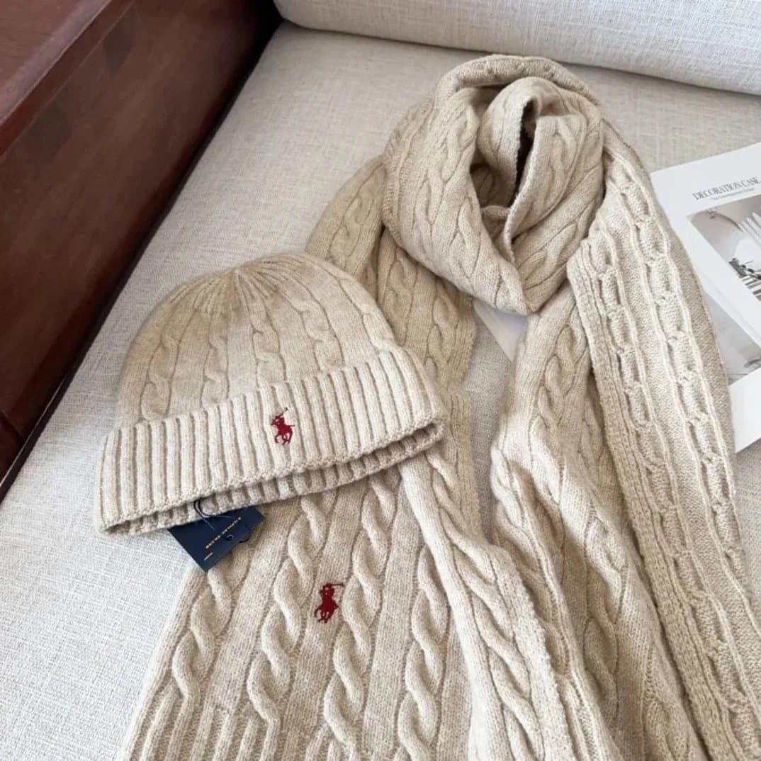 Polo Ralph Lauren Cable Knit Scarf & Beanie Set Ivory with Pony Logo