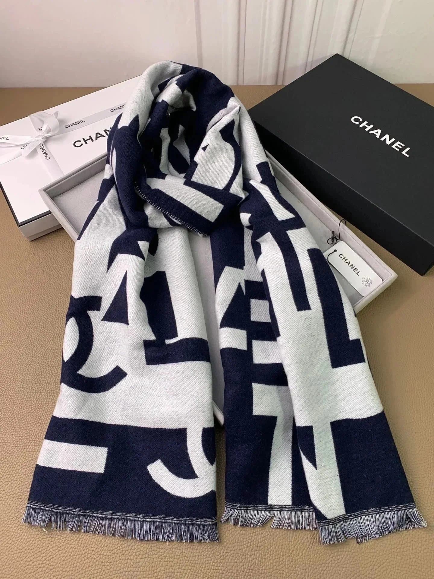 Chanel Logo Scarf Navy and White CC Print